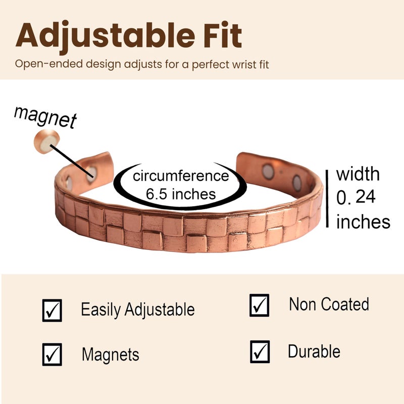 Touchstone Copper magnetic bracelet Tibetan style. Hand forged with solid and high gauge pure copper. Elegant brick pattern. - Image 2